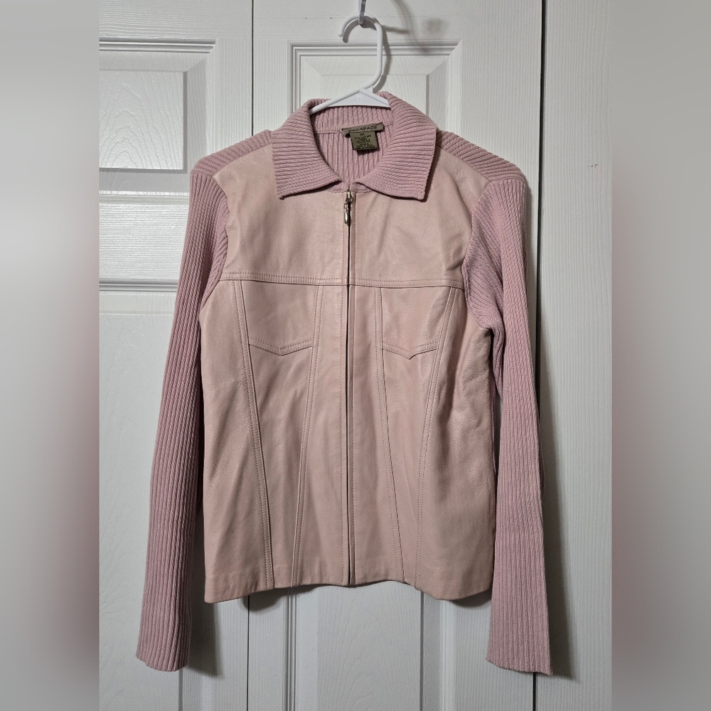 Pink Zip Up Leather & Knit Sweater Top, Escapade, Medium, Excellent Condition